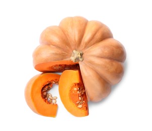 Photo of Sliced fresh ripe pumpkin on white background, top view