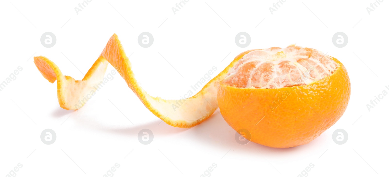 Photo of Peel and ripe tangerine on white background. Citrus fruit