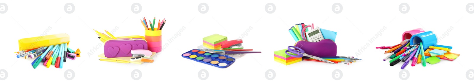 Image of Set of bright school stationery on white background, banner design