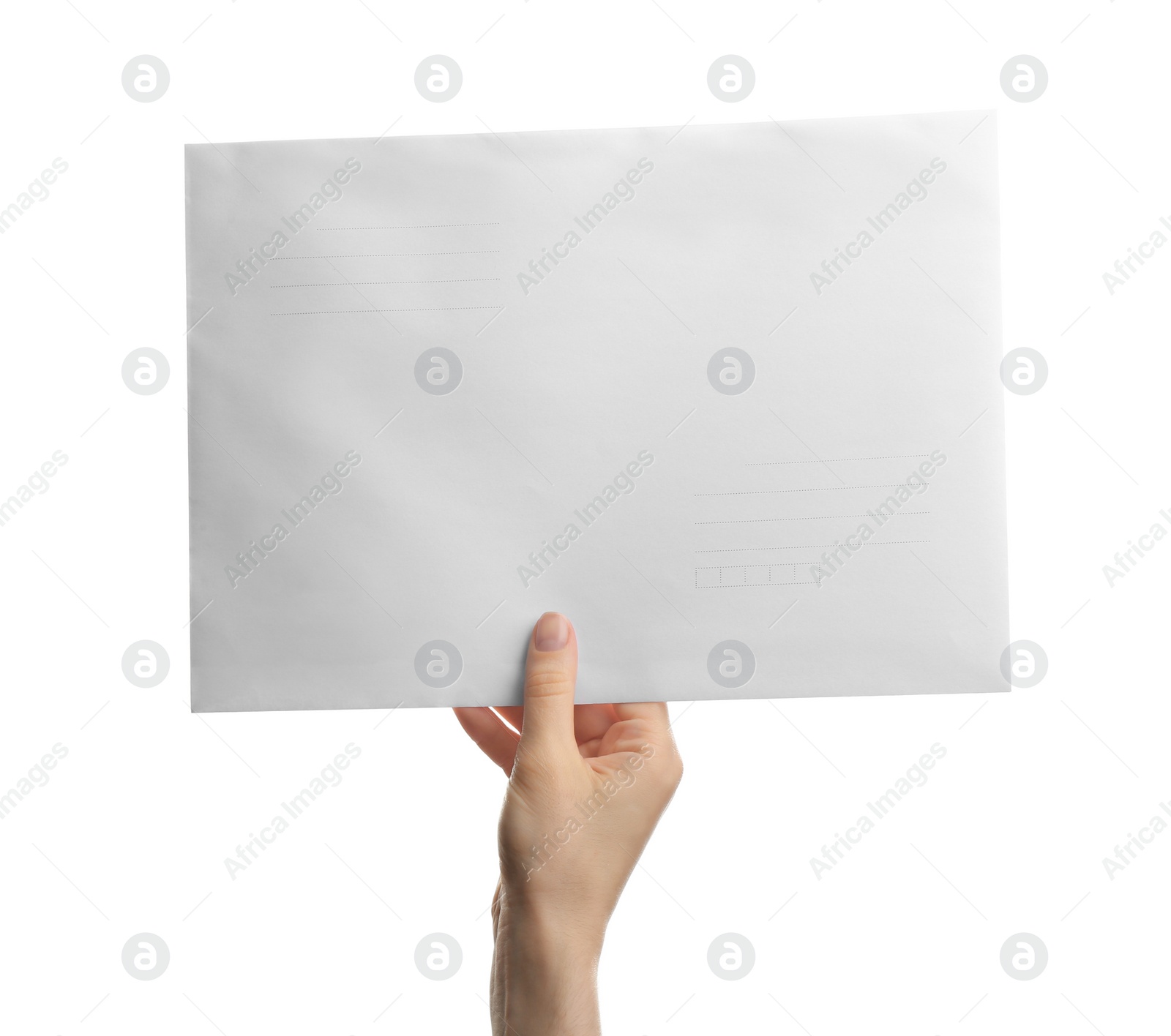 Photo of Woman holding paper envelope on white background, closeup