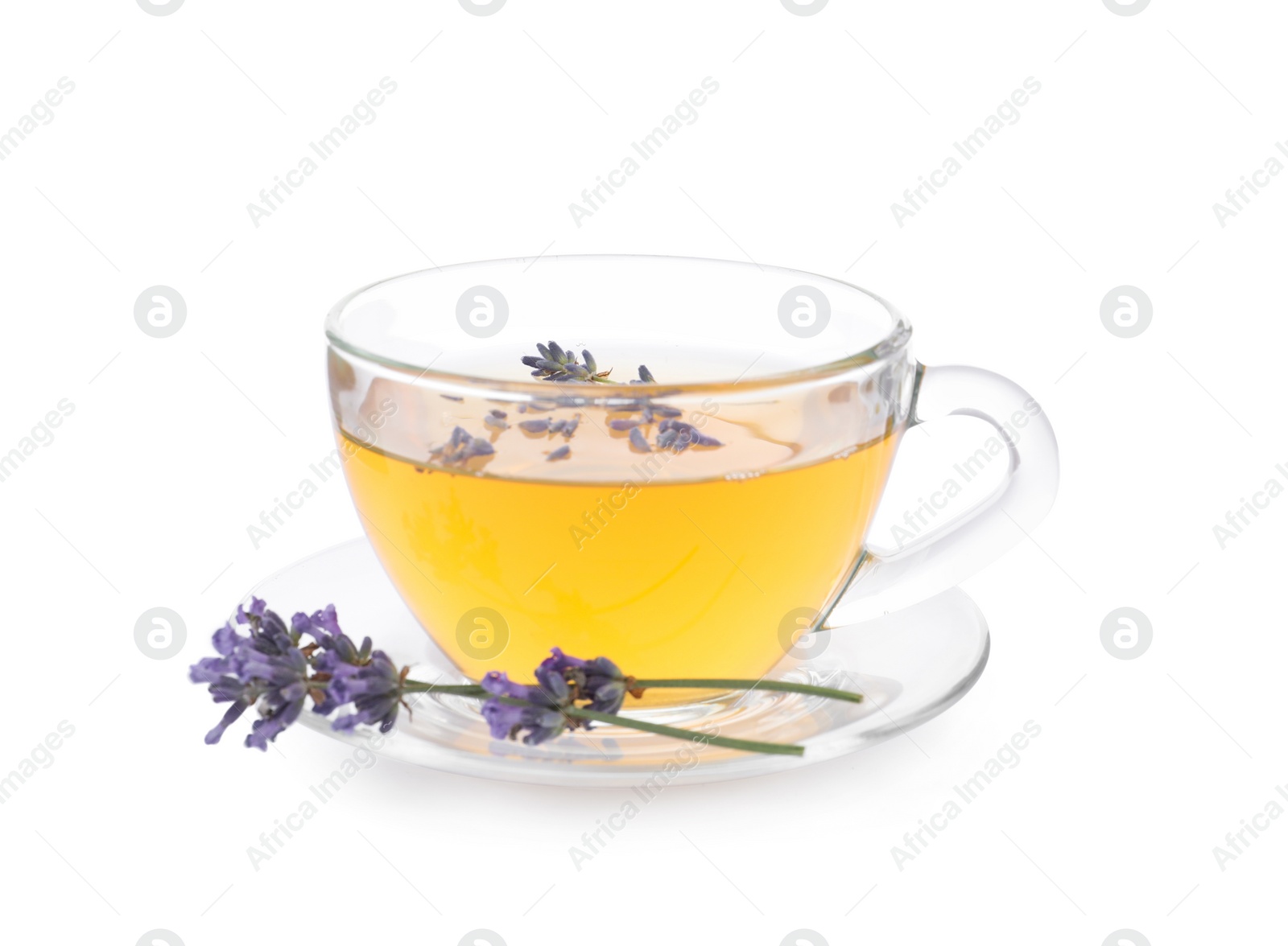 Photo of Fresh delicious tea with lavender and beautiful flowers isolated on white