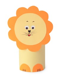 Photo of Toy lion made from toilet paper hub on white background. Children's handmade ideas