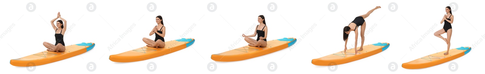 Image of Young woman in swimsuit practicing yoga on sup board. Collage with photos on white background