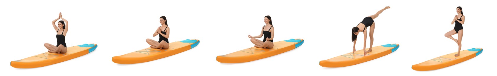 Young woman in swimsuit practicing yoga on sup board. Collage with photos on white background