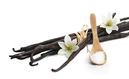 Vanilla pods, spoon with sugar and flowers isolated on white