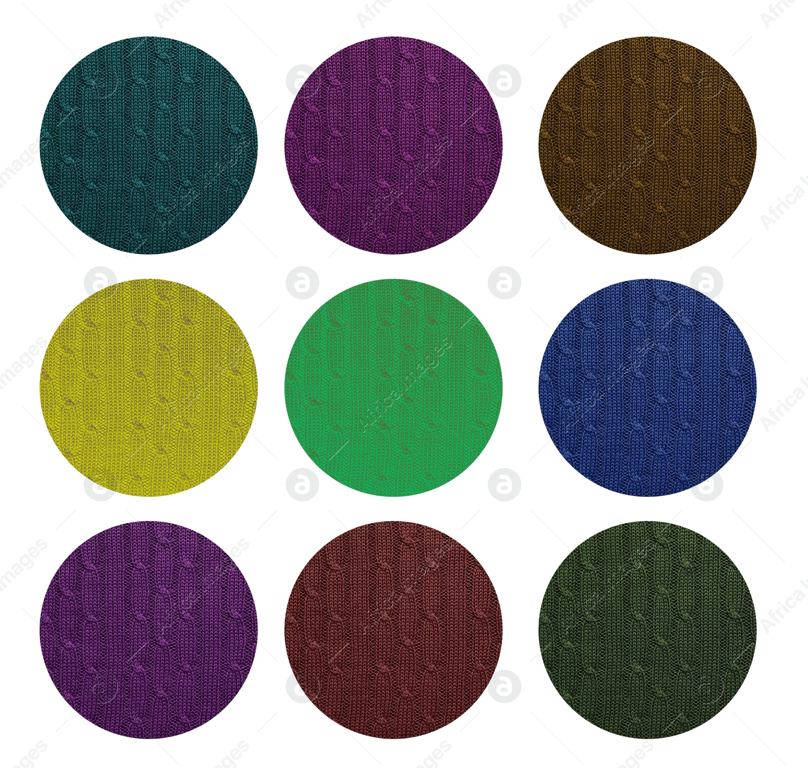 Image of Samples of different wool on white background, collage. Color palette