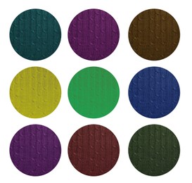 Image of Samples of different wool on white background, collage. Color palette