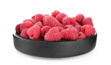 Photo of Delicious fresh ripe raspberries in wooden bowl isolated on white