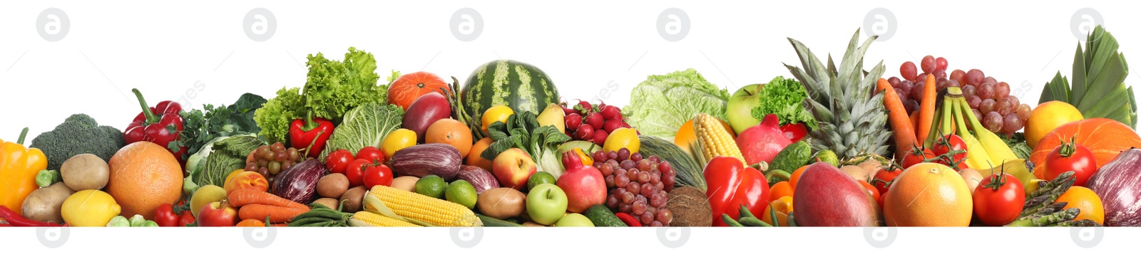 Image of Collection of fresh organic vegetables and fruits on white background. Banner design 