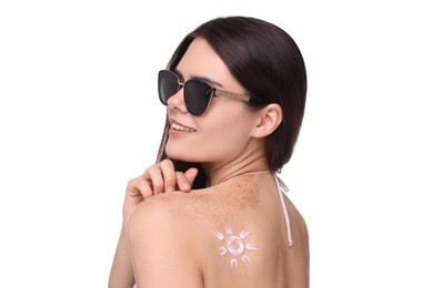 Photo of Beautiful young woman in sunglasses with sun protection cream on her back against white background