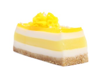 Photo of Piece of delicious cheesecake with lemon isolated on white