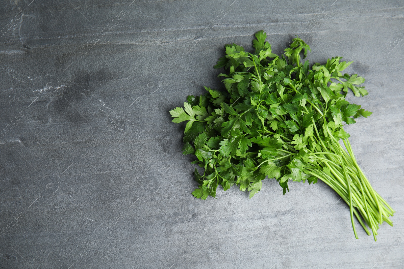 Photo of Bunch of fresh green parsley on grey background, view from above. Space for text