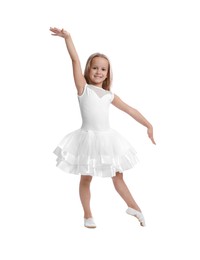 Photo of Cute little girl in beautiful dress dancing on white background