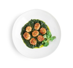 Delicious fried scallops with tasty sauce and corn salad in bowl isolated on white, top view