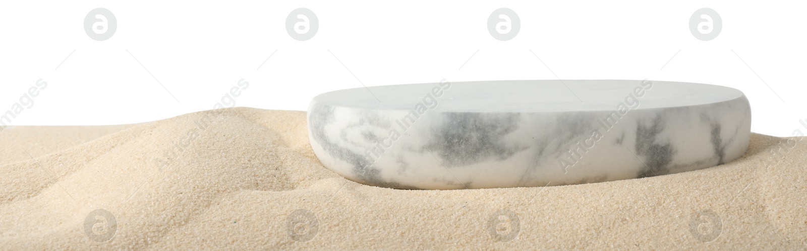 Photo of Presentation of product. Stone podium on sand against white background