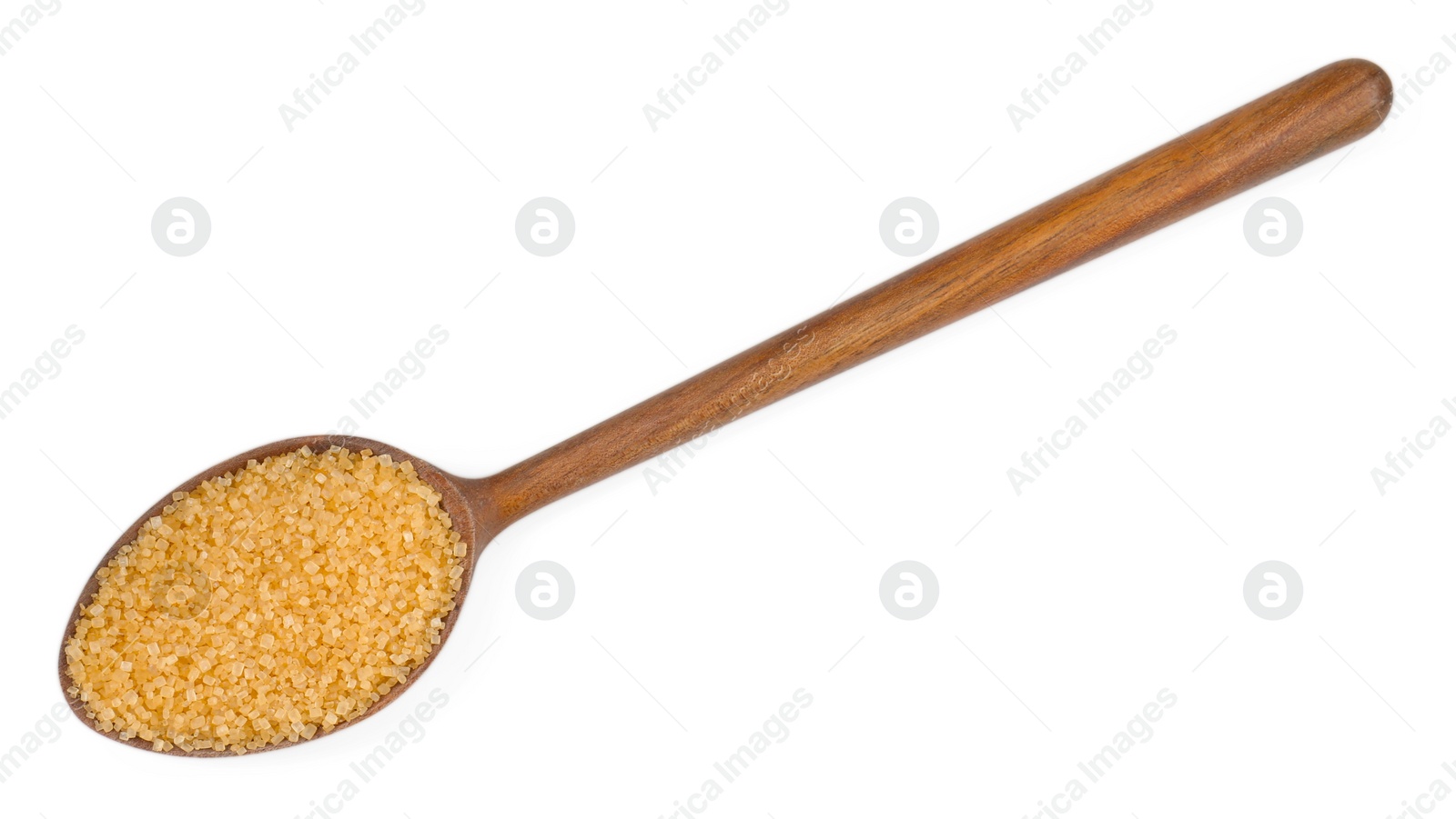 Photo of Brown sugar in spoon isolated on white, top view