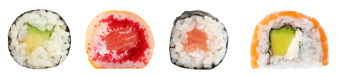 Image of Set of delicious different sushi rolls on white background