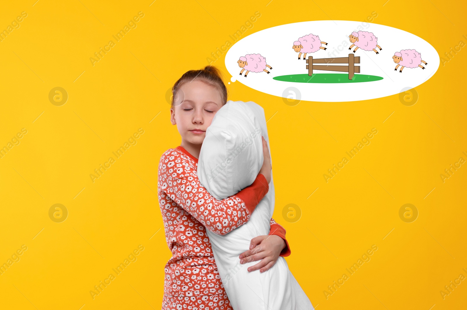 Image of Sleepy girl with pillow suffering from insomnia on orange background. Thought cloud with illustrations of sheep jumping over fence