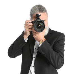 Photo of Male photographer with professional camera on white background