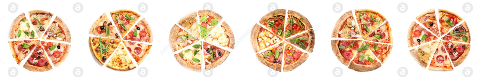 Image of Set with slices of different tasty pizzas on white background, top view. Banner design