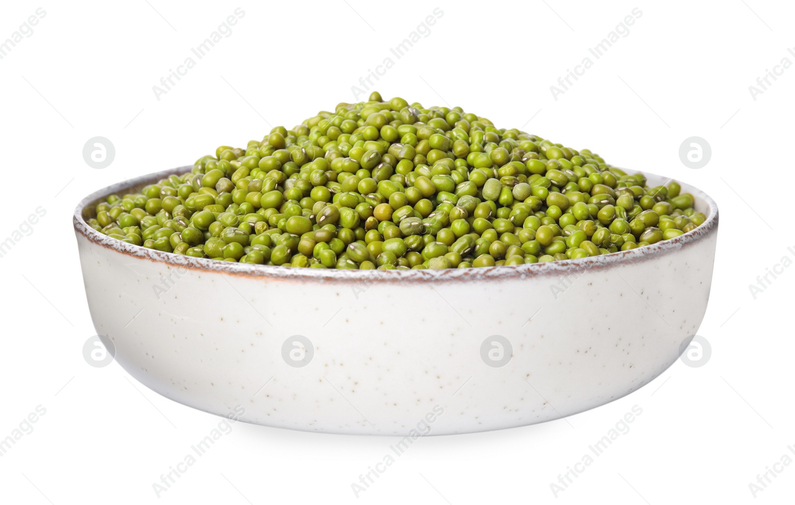 Photo of Bowl with fresh mung beans isolated on white