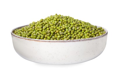 Bowl with fresh mung beans isolated on white