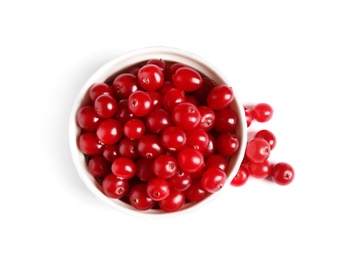 Photo of Fresh ripe cranberries on white background, top view