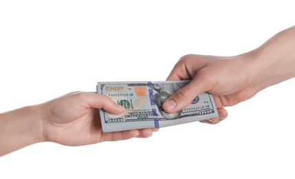 Photo of Money exchange. Man giving dollar banknotes to woman on white background, closeup