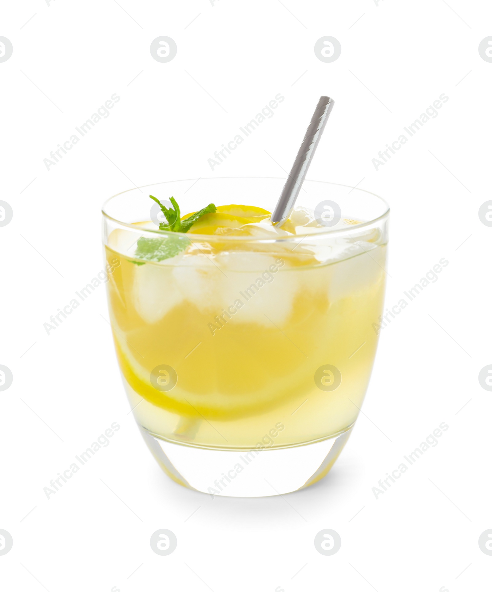 Photo of Natural lemonade with mint isolated on white. Summer refreshing drink