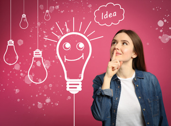 Lightbulbs illustration and thoughtful woman in casual outfit on pink background. Business idea