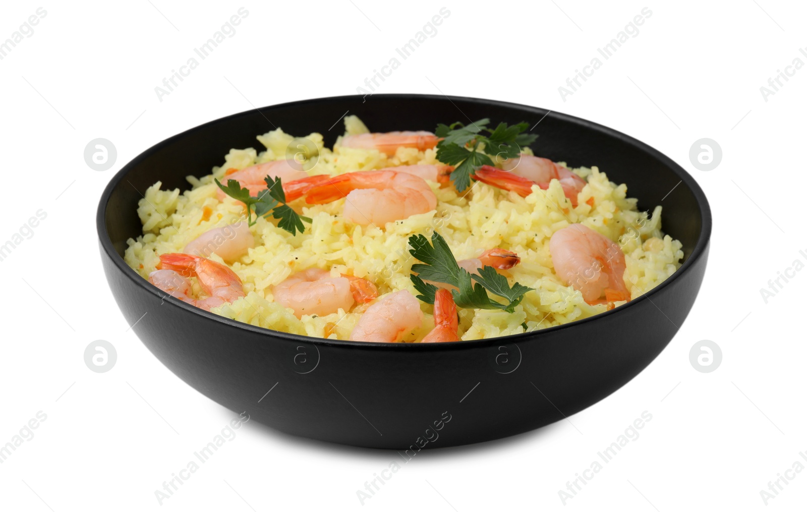 Photo of Delicious risotto with shrimps and parsley in bowl isolated on white