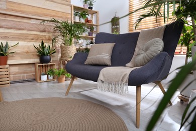 Photo of Comfortable sofa and beautiful houseplants in room. Lounge area interior