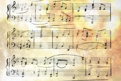 Sheet with music notes as background, top view. Bokeh and color tone effects