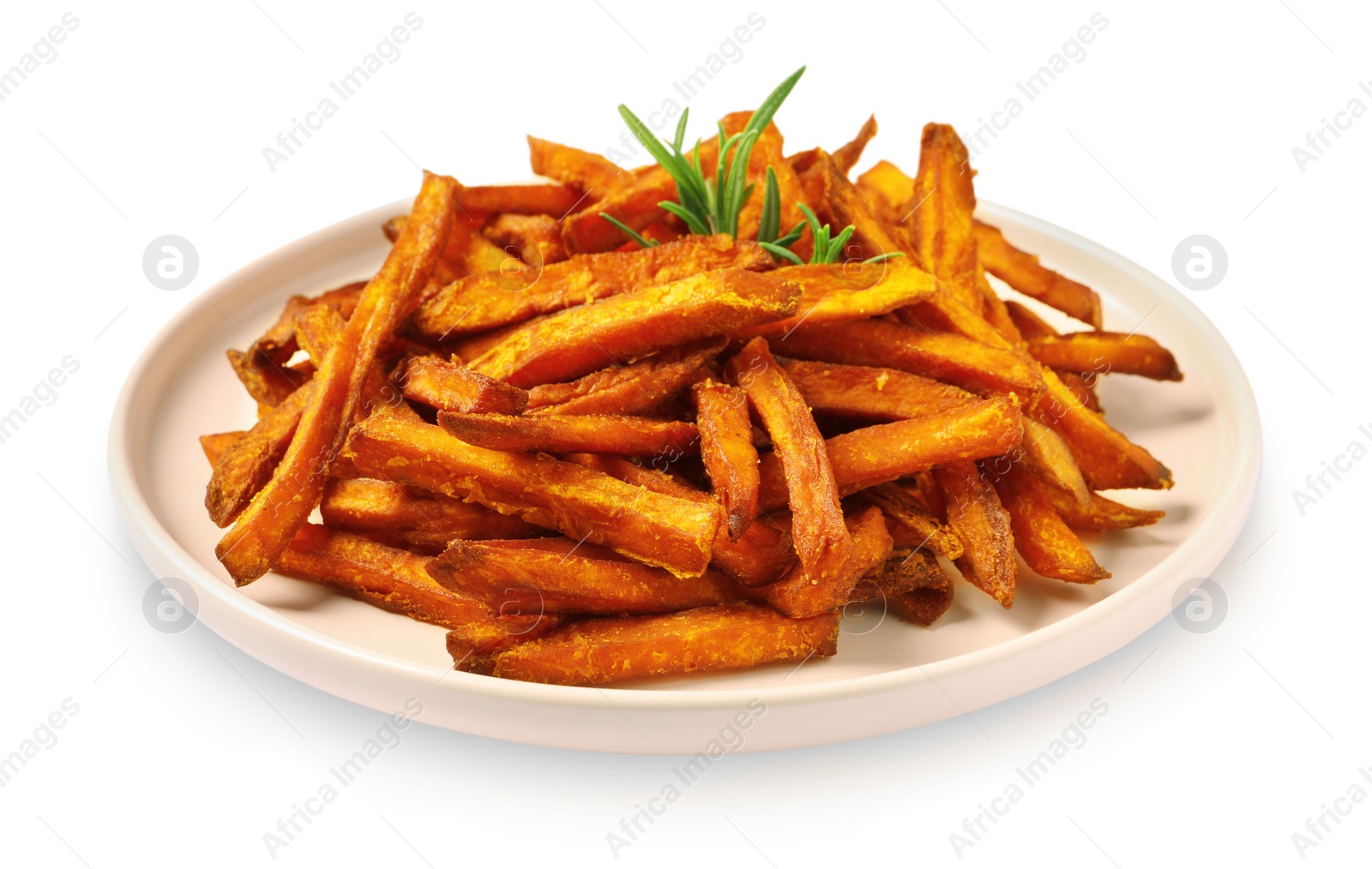 Photo of Plate with delicious sweet potato fries on white background