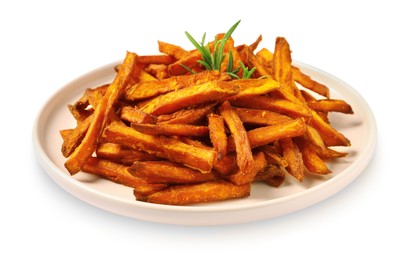 Plate with delicious sweet potato fries on white background