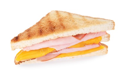 Photo of Delicious grilled sandwich with ham and cheese isolated on white