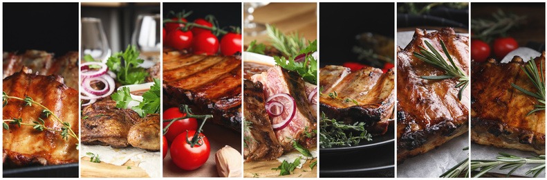 Collage with different photos of delicious grilled meat. Banner design  