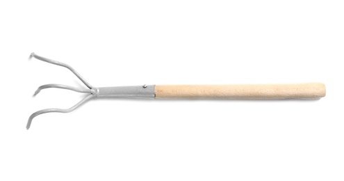 Photo of New rake on white background. Professional gardening tool