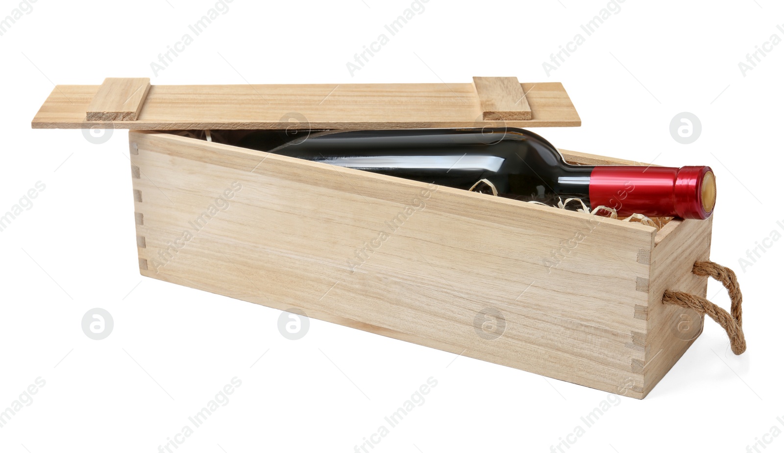 Photo of Open wooden crate with bottle of wine isolated on white