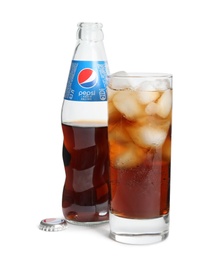 Photo of MYKOLAIV, UKRAINE - FEBRUARY 10, 2021: Glass and bottle of Pepsi on white background