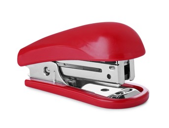 Photo of New bright red stapler isolated on white