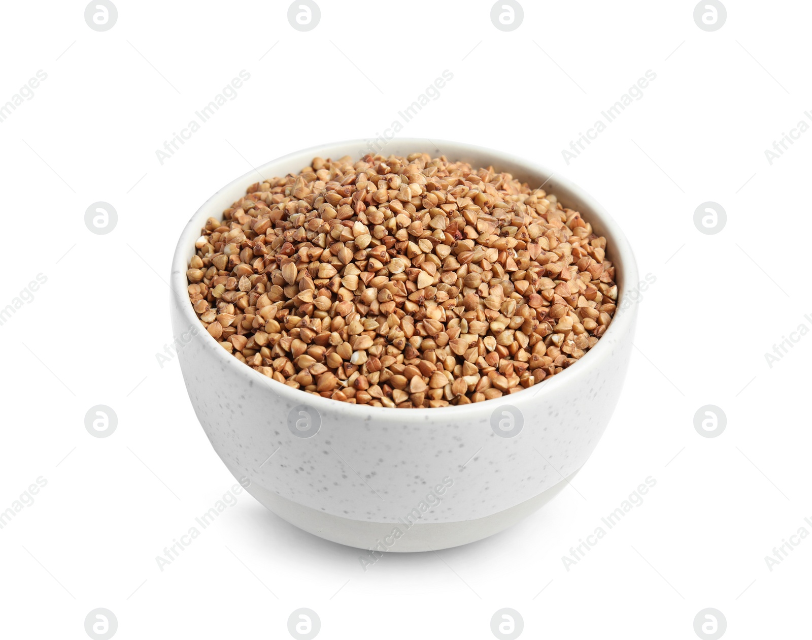 Photo of Bowl with uncooked buckwheat on white background