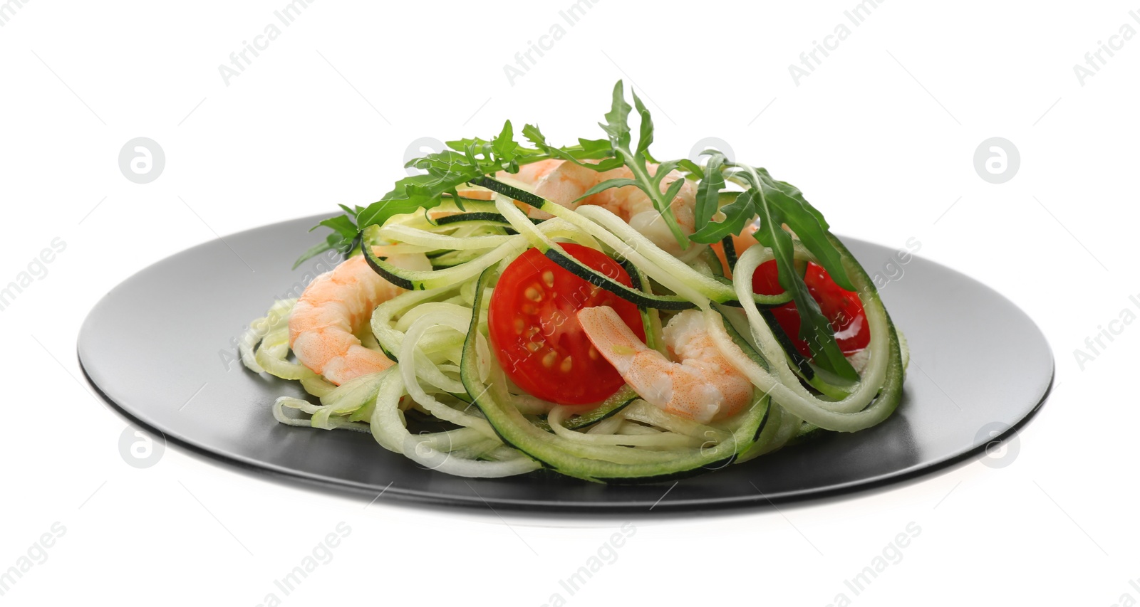 Photo of Tasty zucchini pasta with shrimps and tomatoes isolated on white