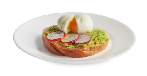 Photo of Delicious sandwich with boiled egg, mashed avocado and radish slices isolated on white