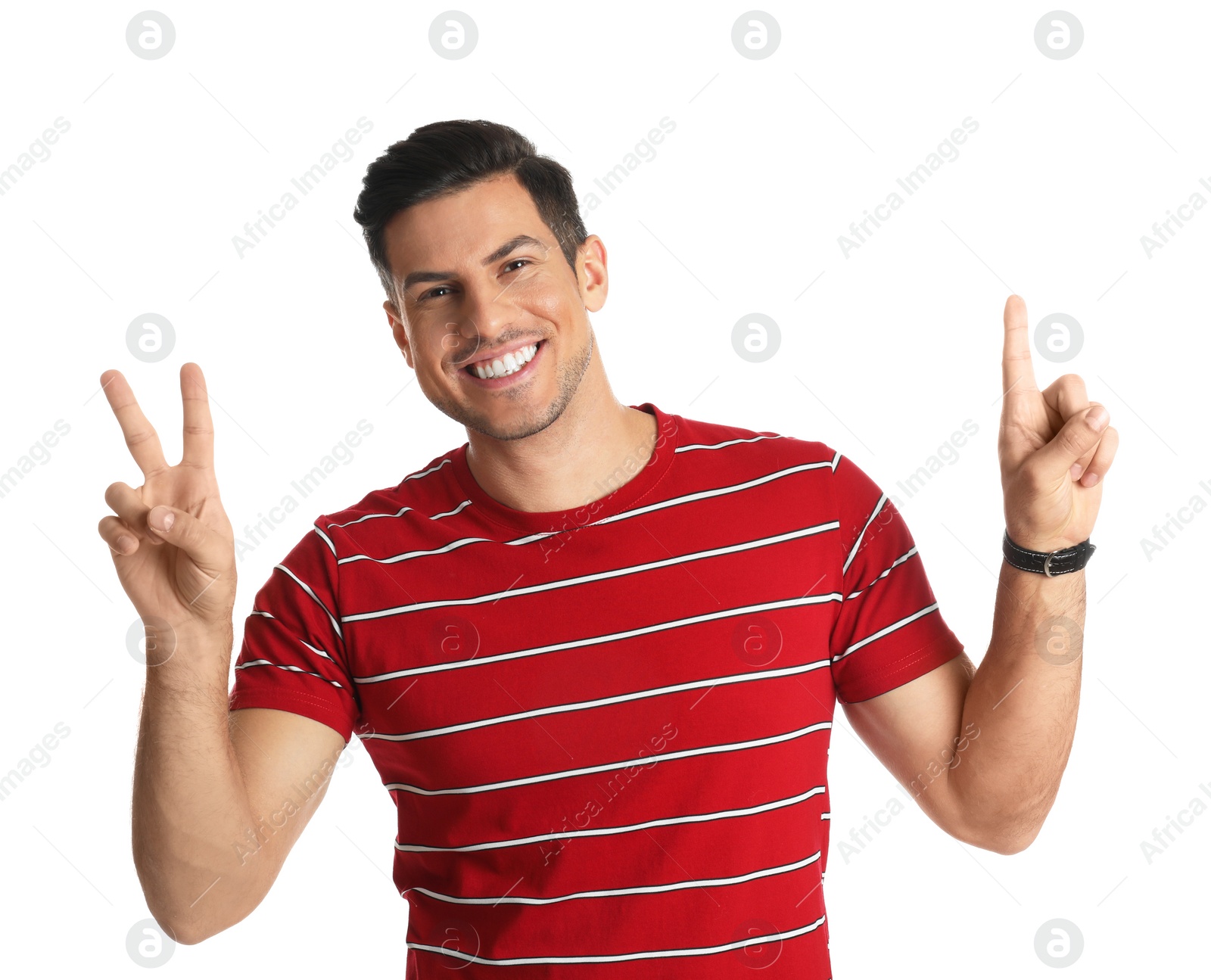 Photo of Man showing number three with his hands on white background