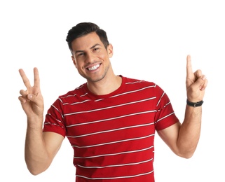 Photo of Man showing number three with his hands on white background