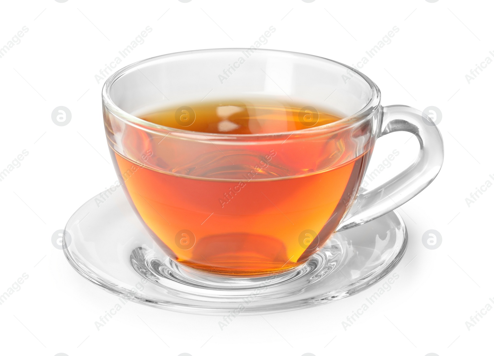 Photo of Glass cup of hot aromatic tea on white background