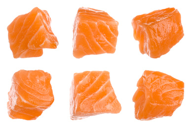 Image of Set with pieces of fresh raw salmon on white background. Fish delicacy
