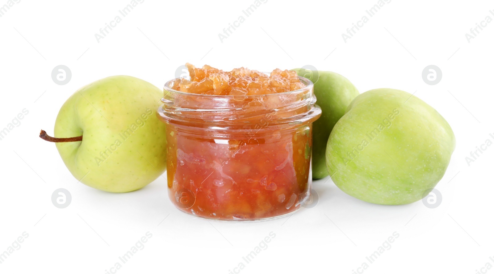 Photo of Glass jar of delicious apple jam and fresh fruits isolated on white