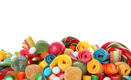 Photo of Many different yummy candies on white background. Space for text